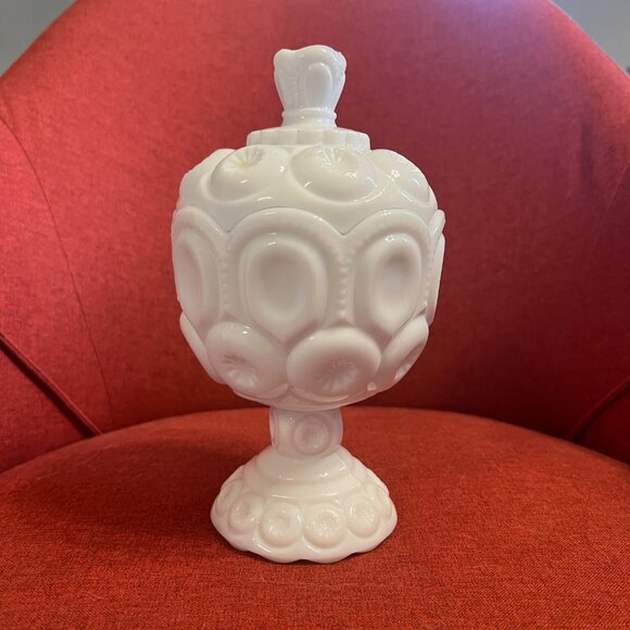 Vintage Moon and Stars Milk Glass Compote Jar with Lid - LE Smith 1960s - Picture 10 of 14